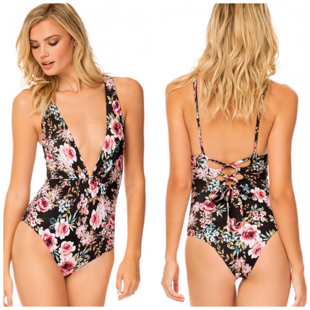Tori Praver Andie Black Floral One Piece Swimsuit New Tags